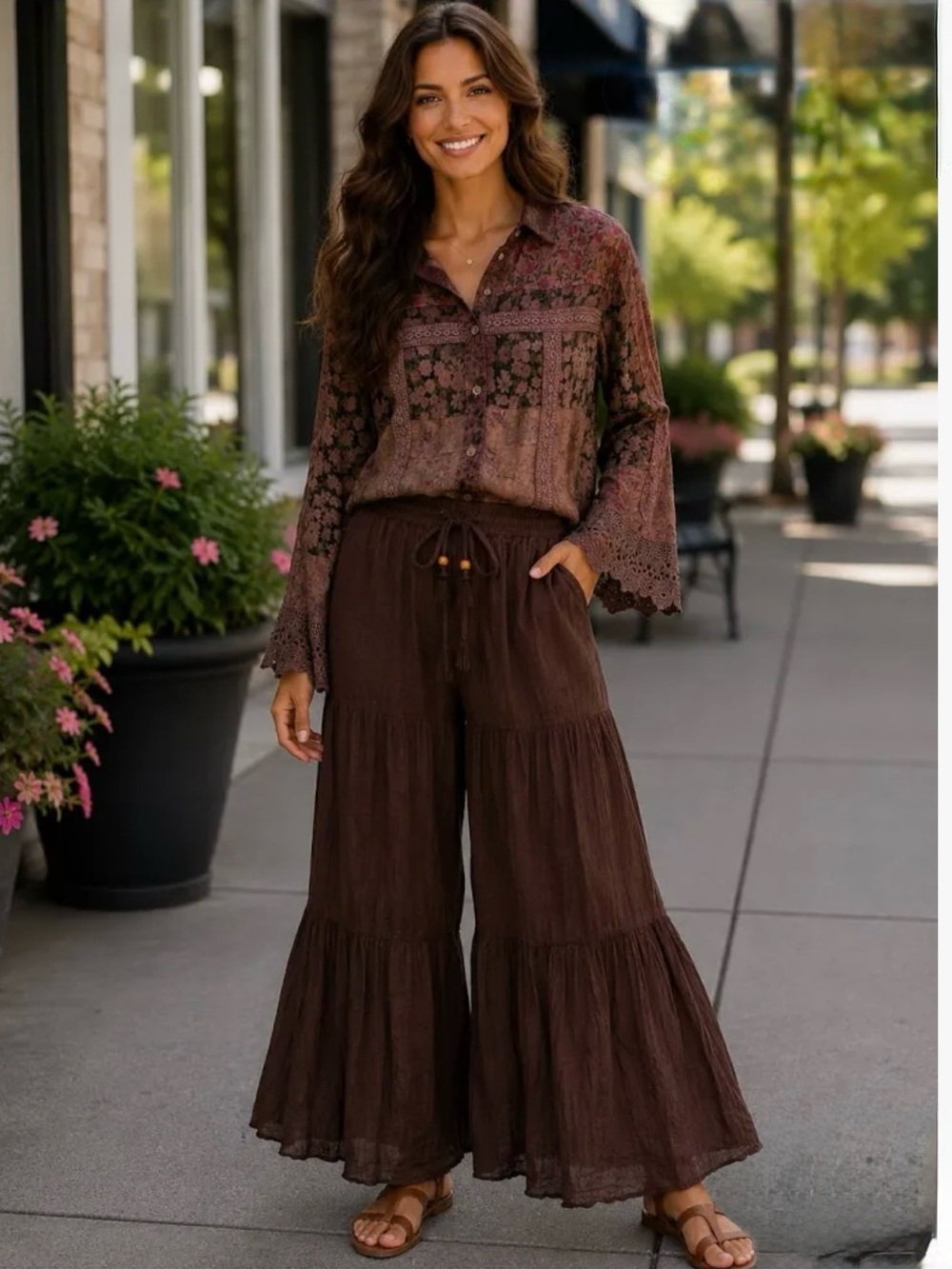 NWT: Young Threads “Amy” Mineral Washed Bohemian Tiered Wide Leg Pants• Large